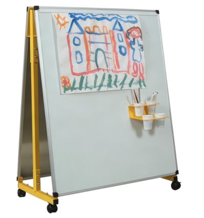 Chevalet maternelle mobile double face acier laqué blanc piétement jaune sur roulettes avec accessoires magnétiques