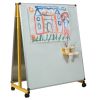 Chevalet maternelle mobile double face acier laqué blanc piétement jaune sur roulettes avec accessoires magnétiques