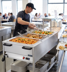 Mise en scène du chariot bain marie à 3 bacs cuve commune
