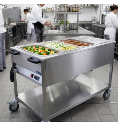 Mise en situation du chariot bain marie à 4 bacs