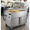 Mise en situation d'un chariot bain marie à 3 bacs et réserve chauffante